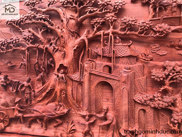 tranh gỗ cây đa cổng làng trẻ con cưỡi trâu 